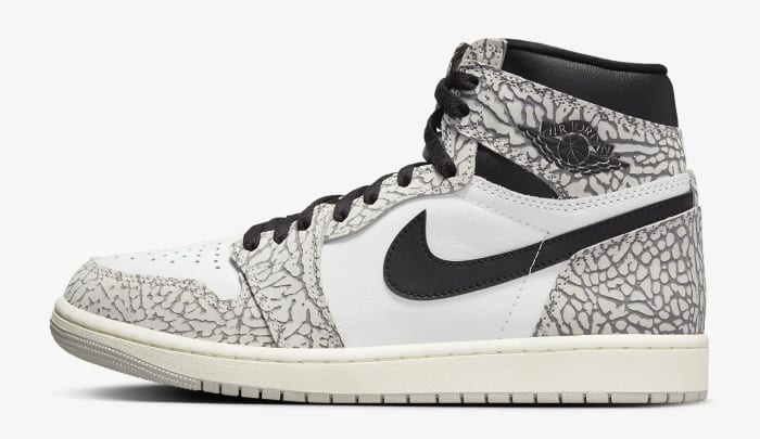 Side view of a black and white Air Jordan sneaker.